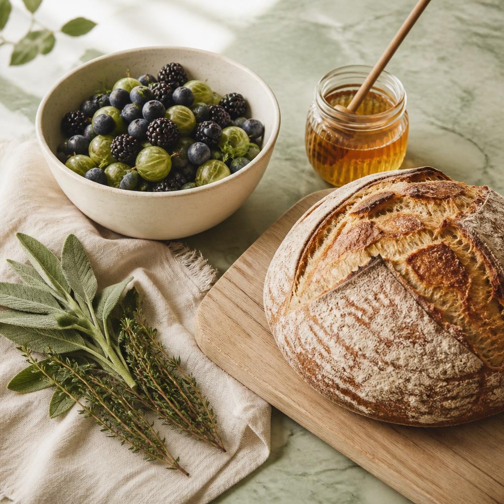 A cream bowl of fresh berries, a jar of golden honey, a crusty sourdough loaf, and sprigs of sage and thyme on a soft sage marble countertop